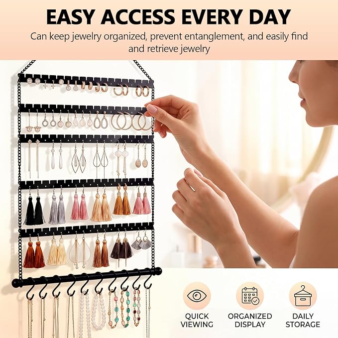 Hanging Jewelry Organizer, 5 Tier Wall Mounted Hanging Earring Holder with 10 Necklace Hooks, Adjustable Earring Display Storage with Holes and Grooves for Earrings, Necklaces, Bracelets and Rings