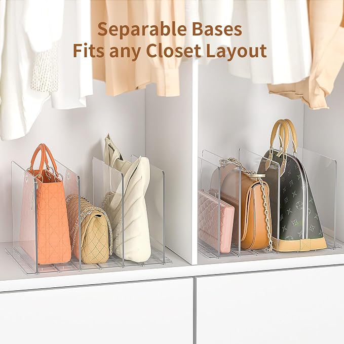 GoMaihe Bag & Purse Organizer for Closet: Adjustable Clear Handbag Storage Shelf - Plastic Clutch Dividers | Minimal | Keep Purses upright