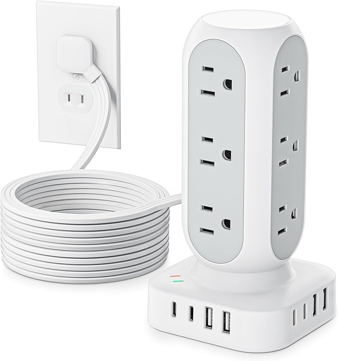 2 Prong Tower Power Strip, 2 to 3 Prong Outlet Adapter with 12 AC Outlets, 8 USB Ports, 10 FT Long Extension Cord for Non-Grounded Outlet, Home, Office, Dorm Room Use