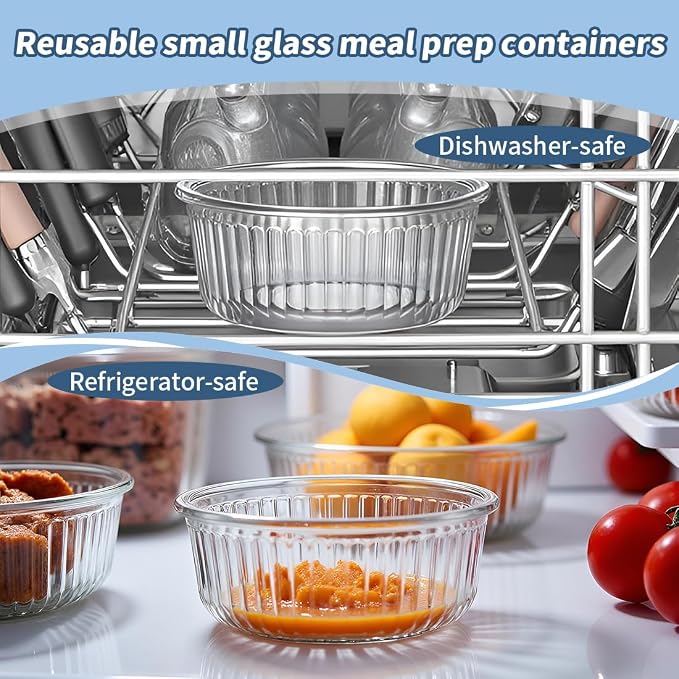 H.JSS WDJS 1.5 cup Round Glass Food Containers with Lids and Spoon, 12oz Small Glass Lunch Storage Containers, Small Round Meal Prep Bowls for Office, Outdoor. Microwave, Freezer, Dishwashe safe
