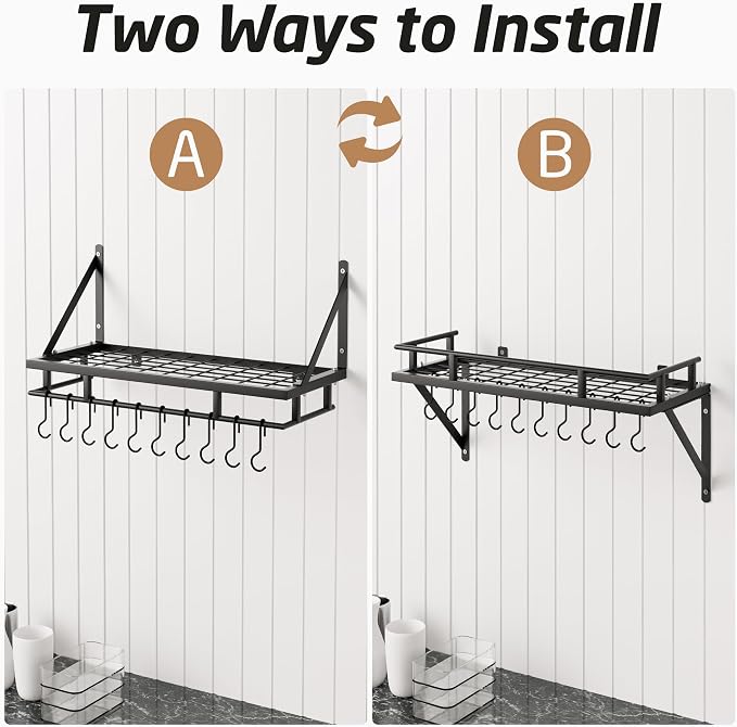 KES 24 Inch Kitchen Pot Pan Rack Wall Mounted, 10 Hooks, Matte Black | 88lbs Load Capacity, Heavy Duty, Cast Iron Pots and Pans Organizer, Hanging Storage, Wall Shelf, Space Saving, KUR215S60-BK