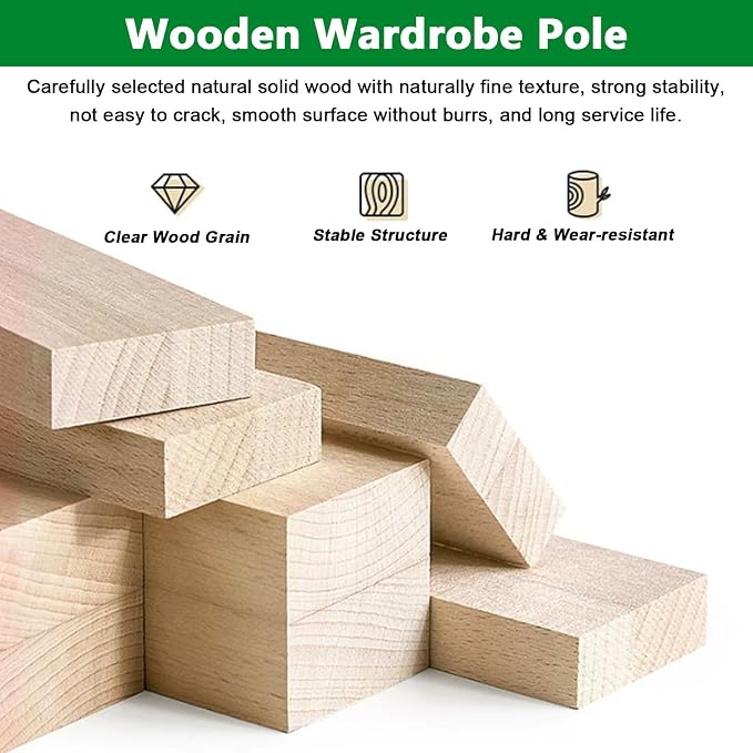 Solid Wood Closet Rod Heavy Duty Wooden Hanging Clothes Bar Cut To Size Custom Length Smooth Straight Wood Dowel Rods Long Wooden Stick Curtain Rod Wood Pole (Dia 1 3/16′′,L44in)