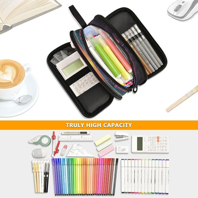 Neon Synthwave Pattern Large Capacity Pencil Case Pouch Organizer stationery Pen Bag with 3 Compartment for School College Supplies