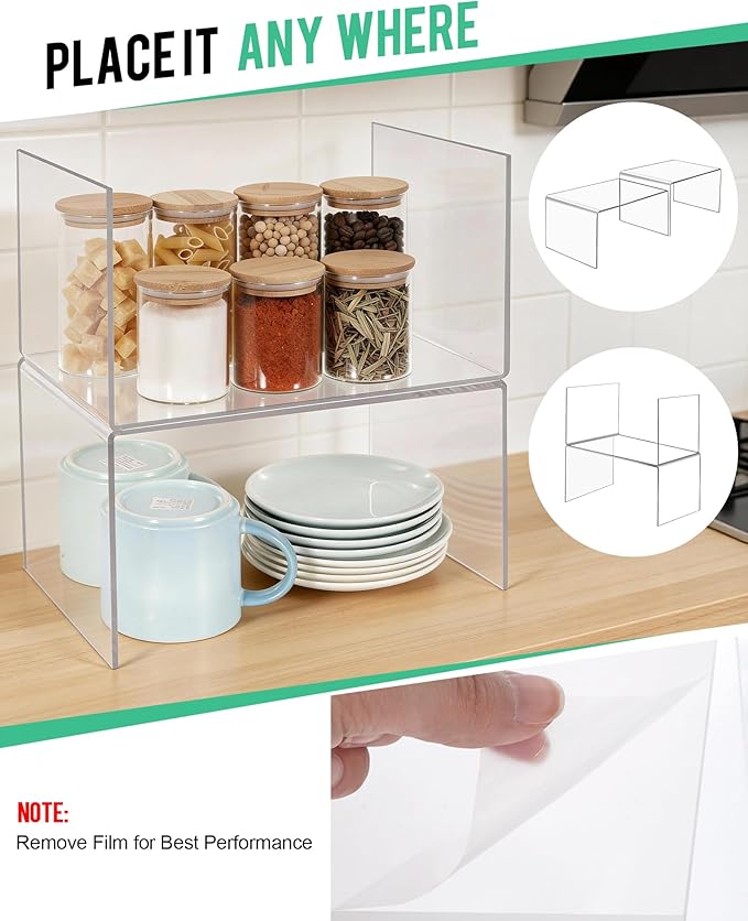 Acrylic Cabinet Organizer, Set of 4 Clear Shelf Organizer for Kitchen Pantry Organizers and Storage, Display Cabinet Shelf Room Decor Countertop Desk Shelves, Spice Organization for Cabinet