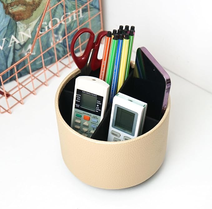 Round Leather Art Supply Organizer,Remote Control Holder,360 Degree Spinning,Multi-Functional Pencil Holder,4 Compartments Desktop Stationary Organizer(1-Lichee Gold)