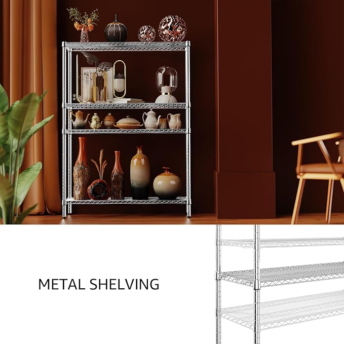 IZEUK 3400 LBS Garage Shelving Wide Storage Shelves 4 Tier Metal Shelves Heavy Duty Adjustable Utility Shelf Rack Chrome 17.7" D x 47.2" W x 70.4" H