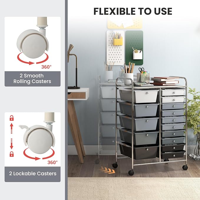 Moccha 15-Drawer Rolling Storage Cart - Under Desk Storage Drawers with wheels for Craft Art Supply Paper Salon, Scrapbook Paper Tools, Mobile Utility Cart for Classroom (15 Drawers, Gradient Grey)