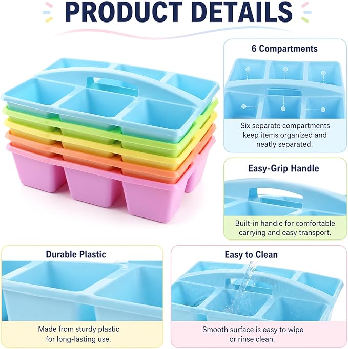 gisgfim 6 Pack Plastic Classroom Caddy with 6-Compartments Plastic Storage Caddies with Handle 6 Compartments Table Caddy Organizer Versatile Table Caddies for Classroom Office Storage, Pastel Color