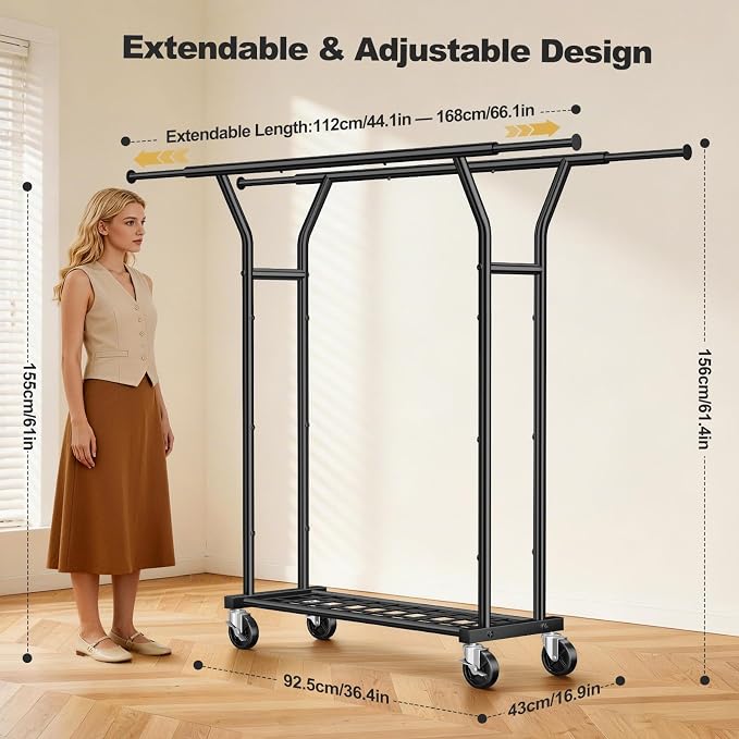 Heavy Duty Rolling Garment Rack, Double Rod Clothing Organizer, Black | Supports up to 500 lbs, extendable double hanging rod, lockable wheels, storage shelves for bedroom, laundry, and living room