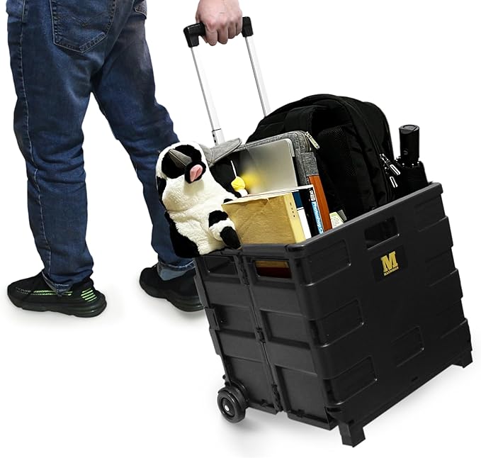 MaxWorks 50919 Portable Rolling Folding Dolly – Black Collapsible Utility Cart with Durable Wheels, Extra Storage & Easy-Fold Design for Shopping, Teaching, and Office Use
