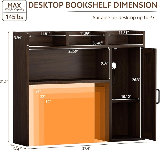 Desktop Bookshelf, Desk Hutch with RGB LED Lights & Power Outlets 37" Desk Hutch Organizer with Storage Cabinet Desktop Storage Shelf for 27" Monitor, Tabletop Bookcase for Dorm Office Home