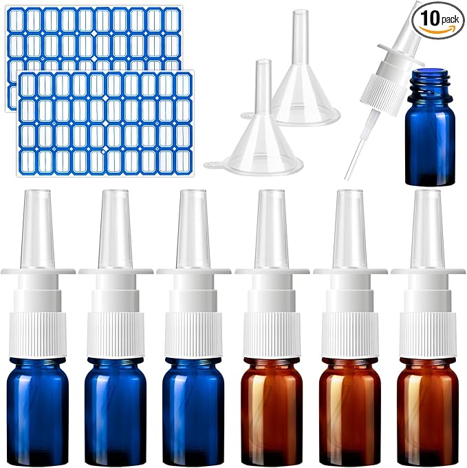 10 Pcs Nasal Spray Bottle, 5ML/0.17OZ 6 Pcs Blue Brown Fine Mist Glass Empty Refillable Nasal Spray Bottles with 2 Funnels and 2 Labels