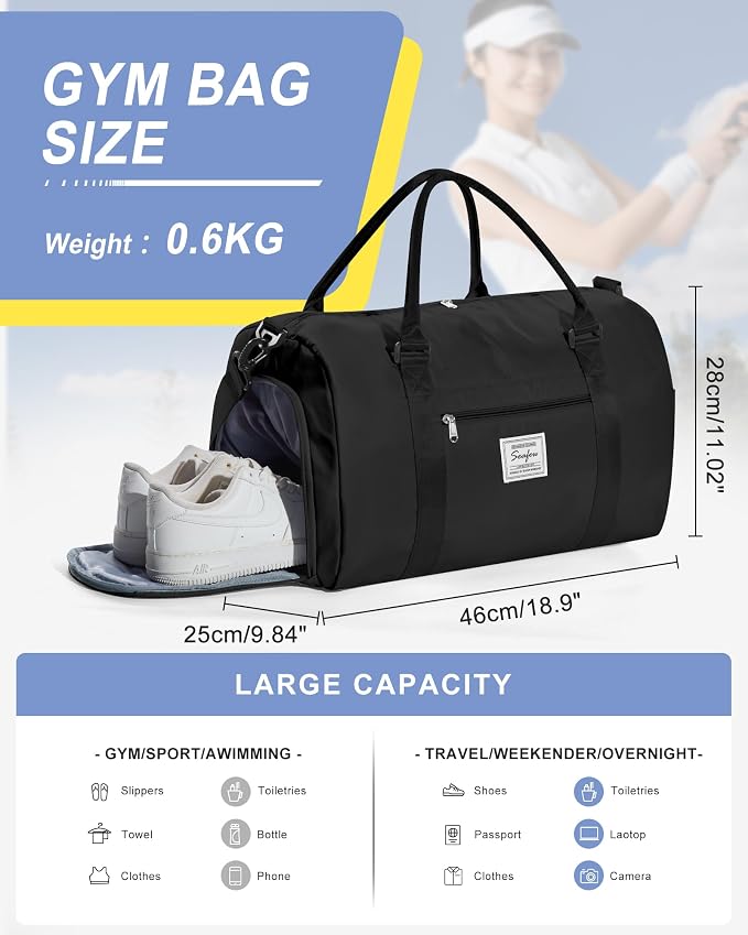 Gym Bag Womens Mens with Shoes Compartment and Wet Pocket Travel Duffel Bag for Women for Plane Sport Gym Tote Bags with Toiletry Bag Waterproof Weekend Overnight Carry on Bag Hospital Holdalls