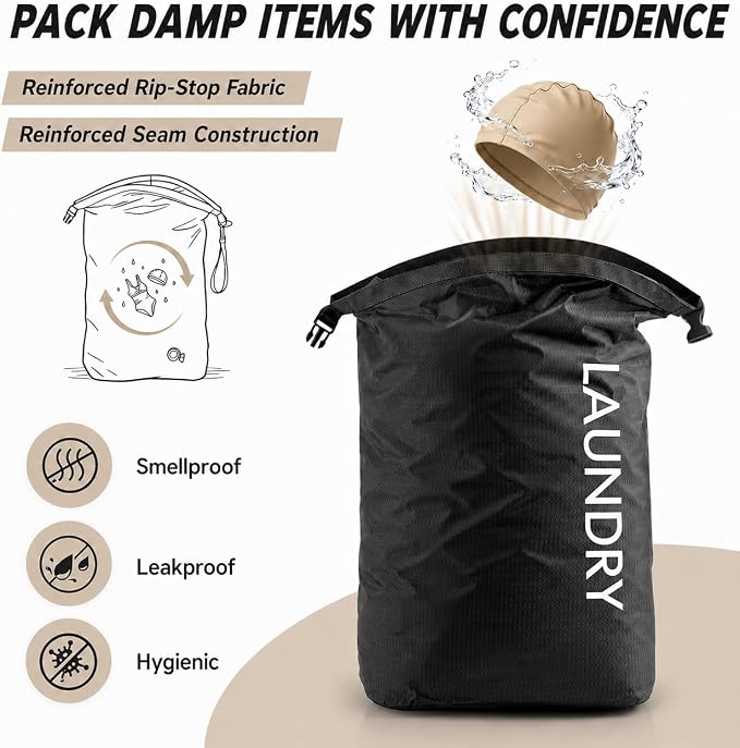 Compression Travel Laundry Bag for Dirty Clothes, Pump-Free Laundry Bag for Suitcase & Dorm, Waterproof Wet Dry Clothes Organizer, Large Capacity Space Saving Travel Bag (1 Pcs) Black