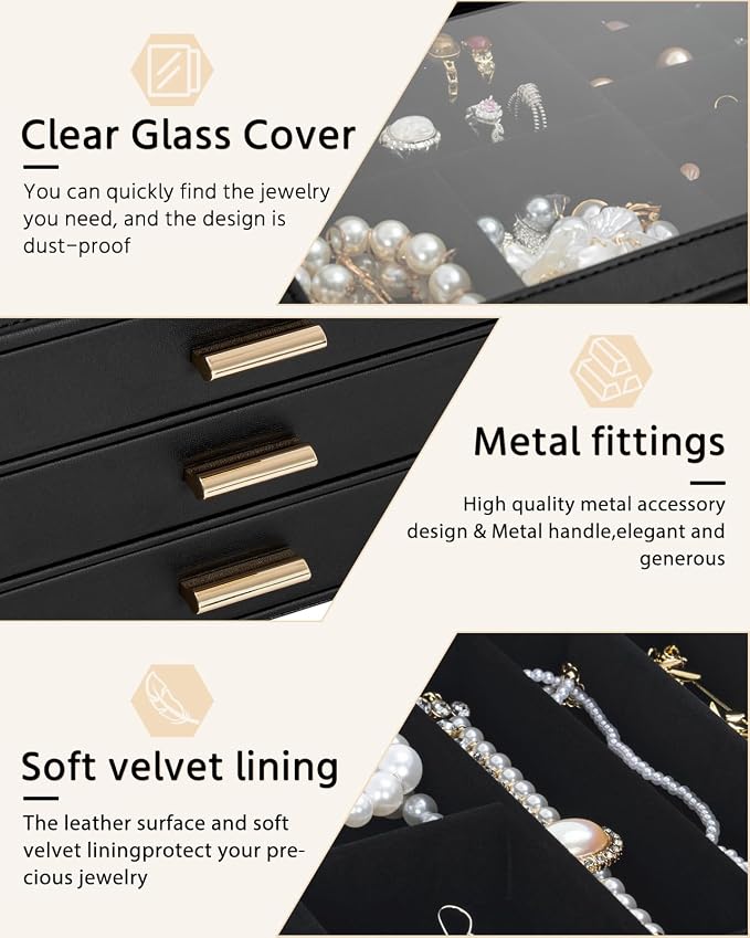 AKOZLIN Jewelry Box with Clear Lid Functional Leather Jewelry Storage Organizer Case 3 Drawers for Women Girls Necklace Ring Bracelet Earring