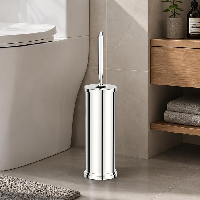 Stainless Steel Toilet Brush and Holder Set : Weighted Stable Base, Removable Inner Tube.Long Handle Toilet Bowl Brush Splash-Proof Design for Deep Cleaning & Space-Saving Storage,Chrome