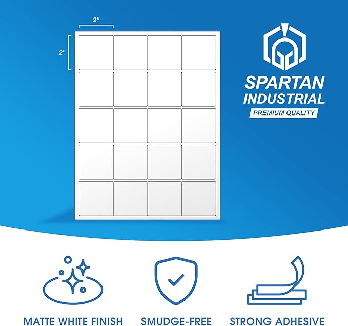 2" X 2" Matte White Printable Labels (100 Sheets, 2000 Stickers) Custom Labels, Logo Stickers, QR Codes for Laser & Inkjet Printers - Spartan Industrial Template S002