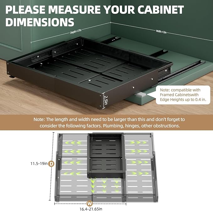 Expandable Pull Out Cabinet Organizer, Adjustable Width 12"-19" & Depth 16.5"-22", 4-Side Extension, 5 Slide Rails for Heavy Duty Use, Adhesive Roll Out Shelves for Kitchen Cabinets, Black 1PCS