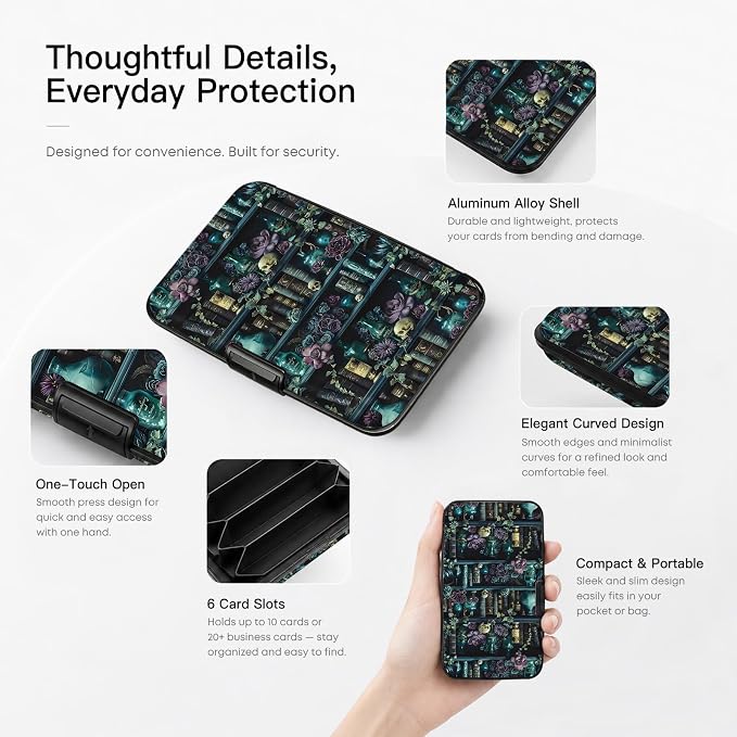 Credit Card Holder Vase & Skull Mini Aluminum Card Case Wallet | Women Men, Slim Design, RFID Blocking, Metal Business ID Case