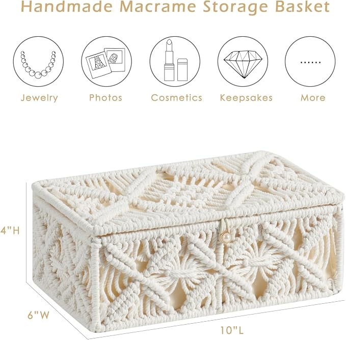 Decorative Boho Storage Baskets with Lid Bohemian Macrame Jewelry Box Handmade Natural Cotton Rope Woven Bins Memory Keepsake Photo Makeup Organizer Shelf Container (Off White, Small)