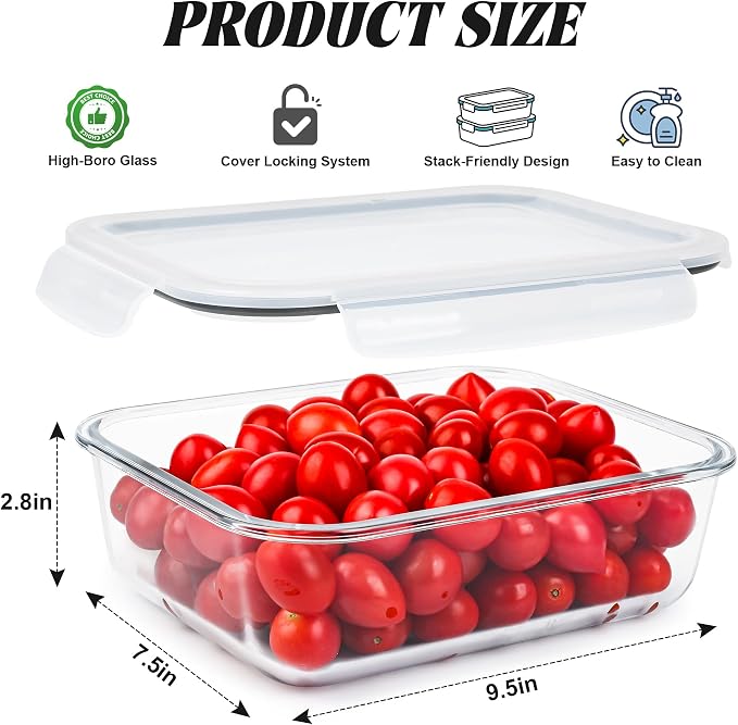LOVYANXUE 2Pack 9.8 Cups/ 78 Oz Large Glass Food Storage Containers with Lids, Glass Meal Prep Containers with Airtight Lids - BPA Free, Leakproof, Ideal for Food Storing/Serving, Microwave/Oven Safe