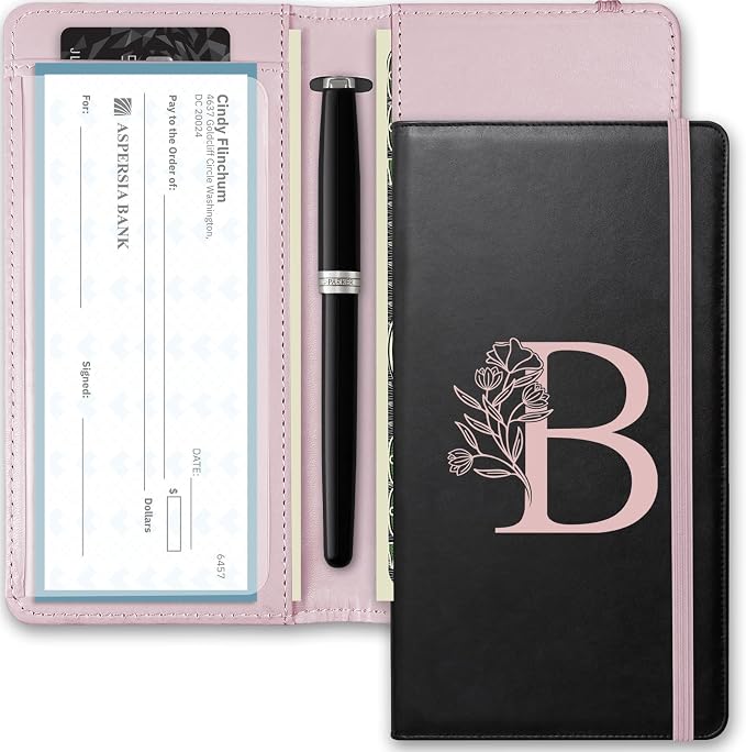 Letter Checkbook Cover, RFID Blocking Checkbook, Duplicate Checks with Pen Holder, Cards Slots, Multi-Functional Checkbook Holder for Personal and Business Checks