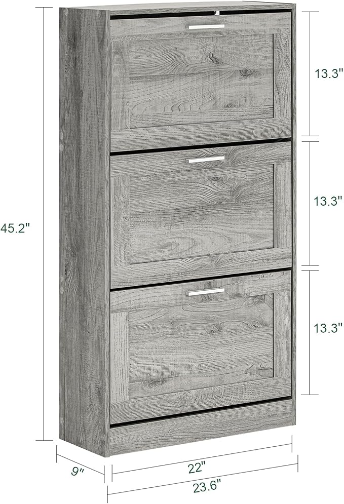 Haotian Shoe Storage Cabinet Entryway | Freestanding Shoe Cabinet with 3 Flip-Drawers Fully Enclosed Tall Shoe Rack Shoe Organizer, Grey, FSR137-L-HG