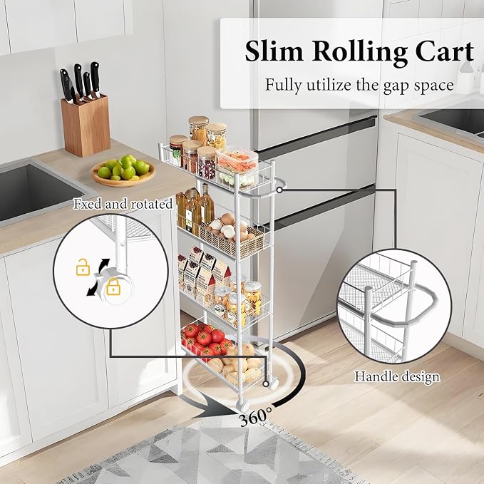 Utility Slim Storage Cart, 4-Tier Storage Cart, Narrow Cart with Handle, 7.1 Inches Deep, Metal Frame, for Kitchen, Dining Room, Living Room, Home Office, Rustic Brown and Classic (4 Tier White)