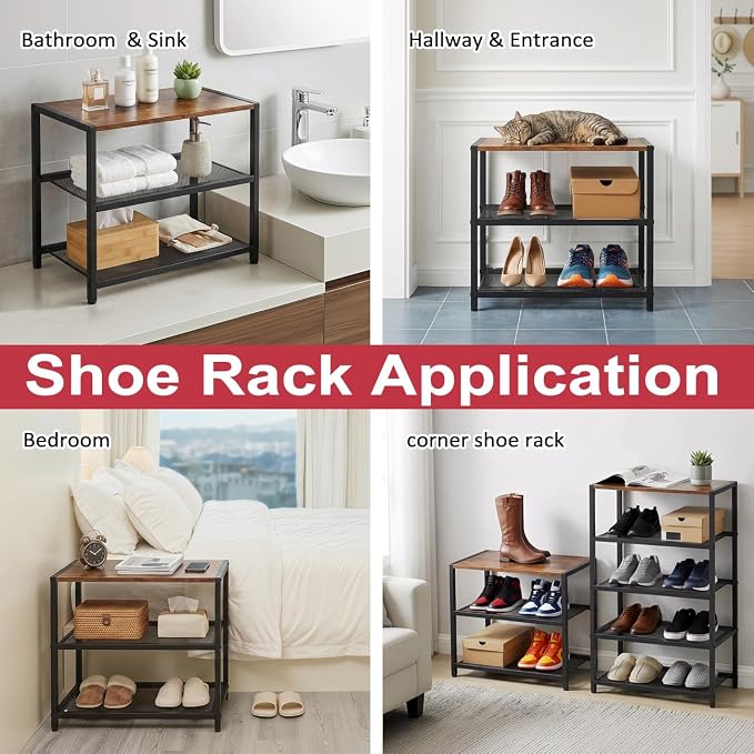 Small Narrow Shoe Rack for Entryway, 3-Tier Metal Wood Shoe Shelf | Shoe Storage Organizer, Holds 6 Pairs, Wooden Table Top, Mesh Shelves, for Front Door Entrance Closet Floor Hallway Bedroom
