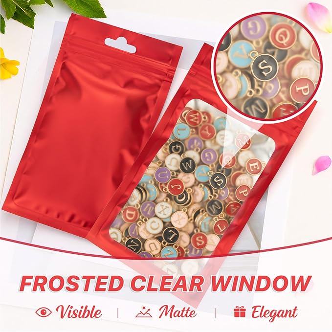 100 PCS Resealable Mylar Bags with Frosted Clear Window Packaging Bag Foil Pouch Zipper Bag for Food Self Sealing Storage Supplies (7.08x10.24, Red)