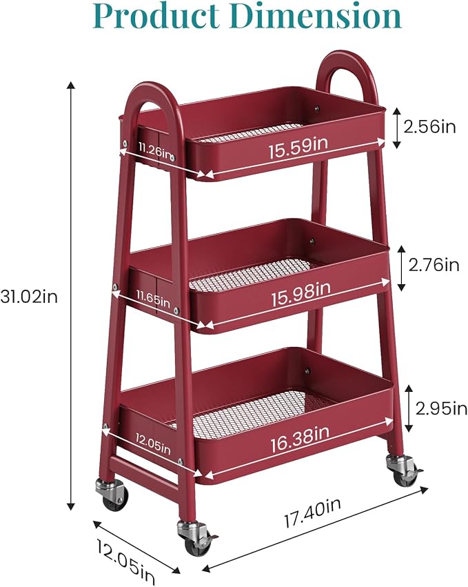 NEWBULIG 3-Tier Metal Rolling Cart with Lockable Wheels, Heavy Duty Mobile Utility Storage Shelf, Roller Book Snack Cart, Organization for Livingroom, Bathroom, Office, Red
