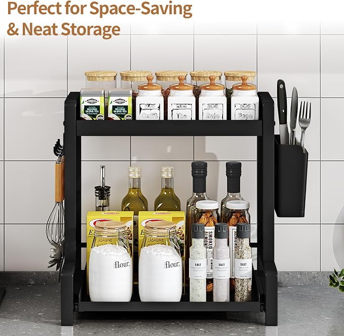 Spice Rack with Pull Out Drawer Counter Storage Organizer Metal 2-Tier | Rust-Resistant Holds 20 lbs Saves 50% Counter Space with Hooks & Hanging Basket for Kitchen Coffee Bar Bathroom Apartment