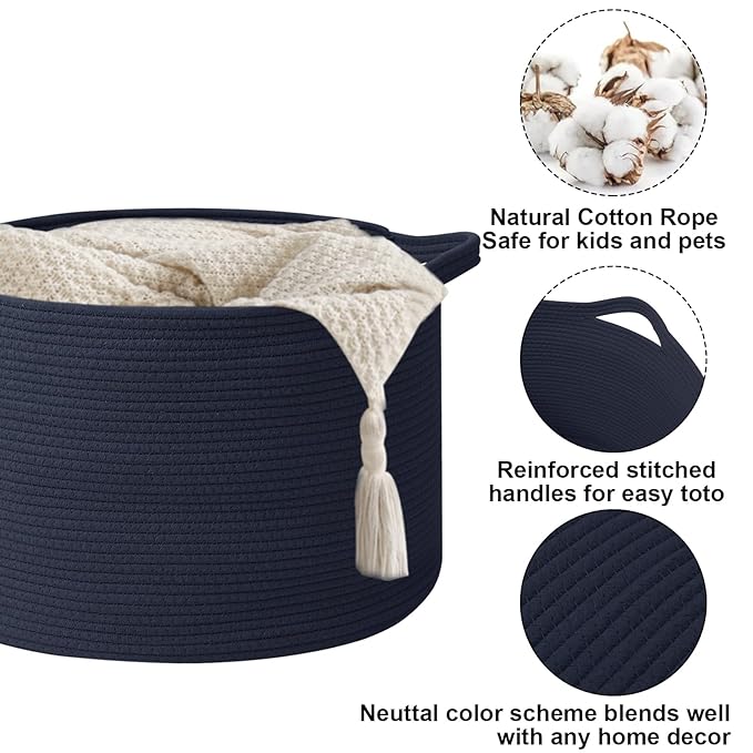 115L Extra Large Navy Blue Woven Cotton Rope Basket with Handles, Kids Nursery Laundry Hamper for Toys, Blankets, Pillows & Comforters, Storage Bin for Bedroom & Playroom