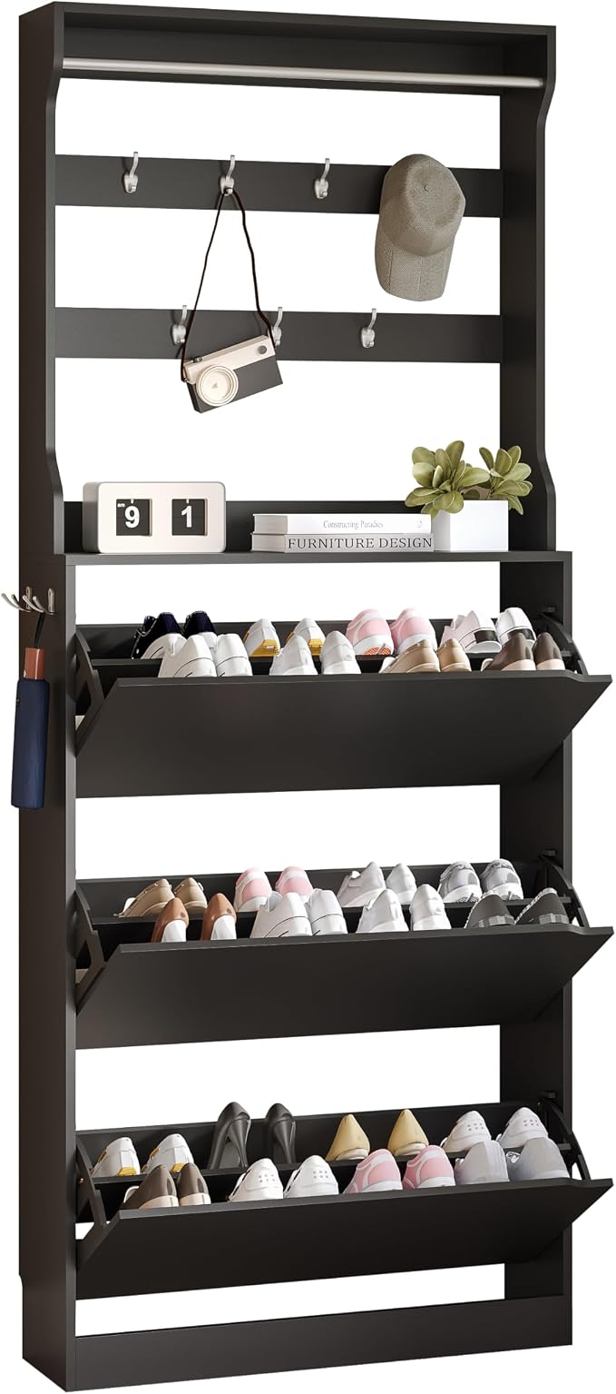 Wodeer Tall Shoe Cabinet with Coat Rack, Hidden Shoe Storage Cabinet with Doors & Drawer, Hanging Bar & Hooks, Slim Narrow Freestanding Shoe Rack Organizer for Entryway, Hallway & Living Room, Black