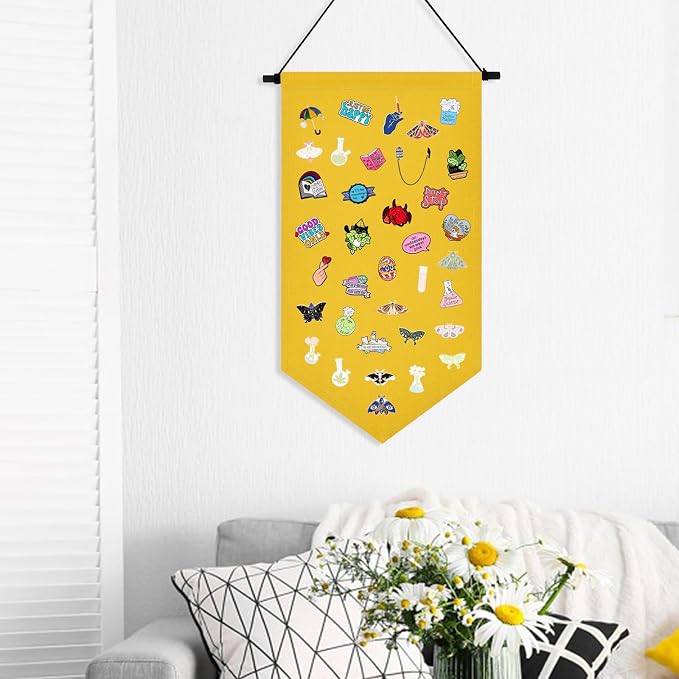 Winmany Wall Hanging Brooch Jewelry Storage Case Canvas Display Stand Enamel Pin Display Banner Holder Earrings Necklace Glitter Pin Collection Organizer (Yellow)