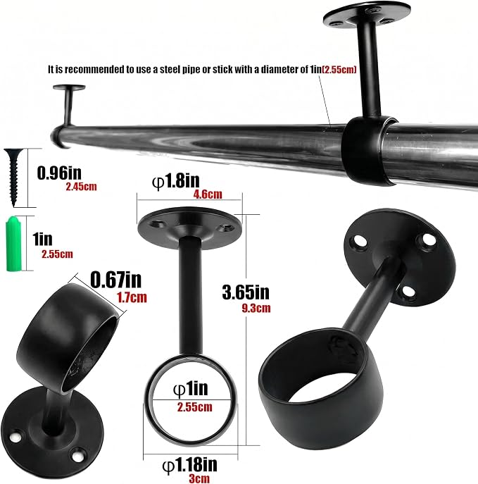 1Inch 4 Packs Black Heavy Duty Stainless Steel Curtain Rod Brackets End Supports Closet Pole Sockets Flange Rod Holder with Screws， Closet Shelf and Rod Brackets (1 inch Qualcomm Flange)