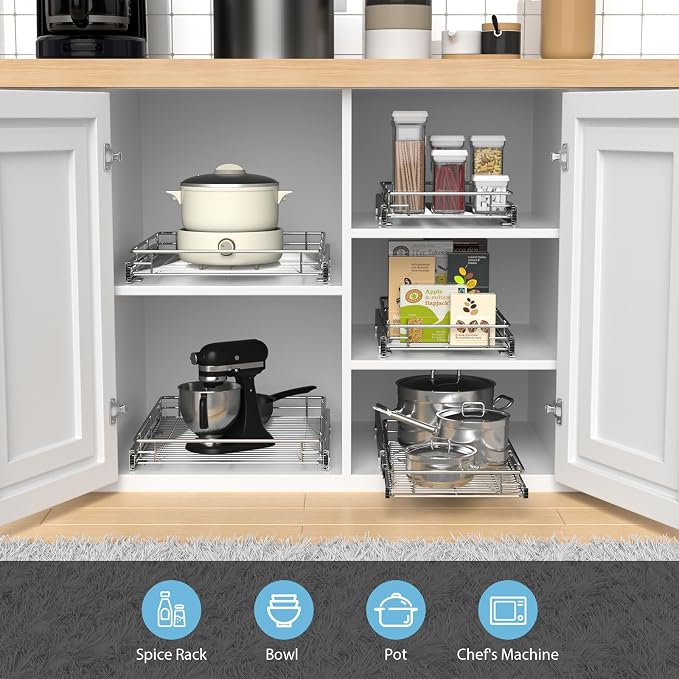 ZOINLIY Pull Out Cabinet Organizer, Versatile Slide Out Kitchen Organizers and Storage,Heavy Duty Drawer Cupboard Storage Basket, Smooth Sliding, Chrome Finish,17.8" W x 21" D