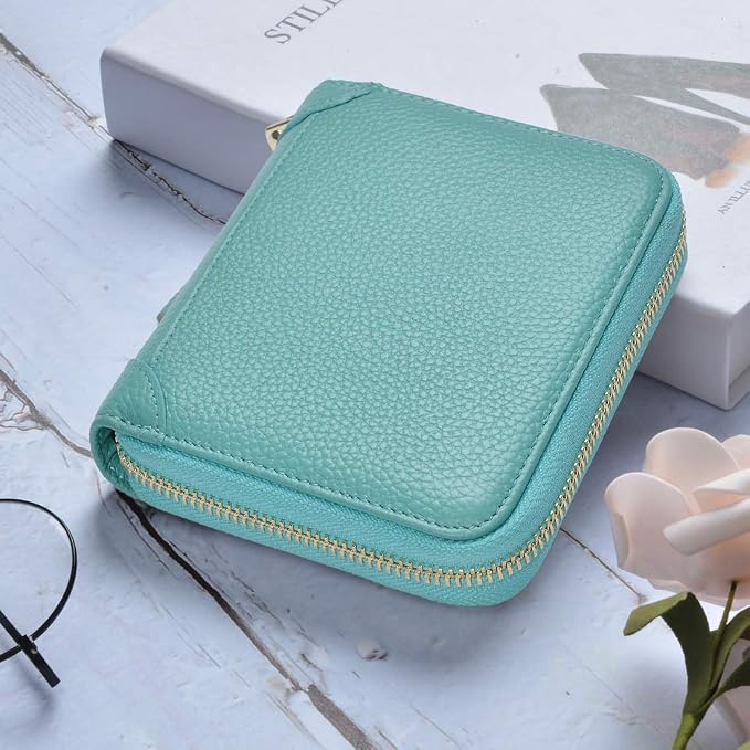 Easyoulife Womens Credit Card Holder Wallet Zip Leather Card Case RFID Blocking (Teal)