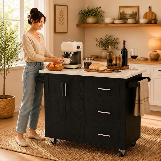 4 EVER WINNER 43" Modern Kitchen Island on Wheels with Drop Leaf & Storage, Faux Marble Tabletop, 3 Drawers with Spice Rack & Towel Rack, Rolling Kitchen Cart for Small Space, Black