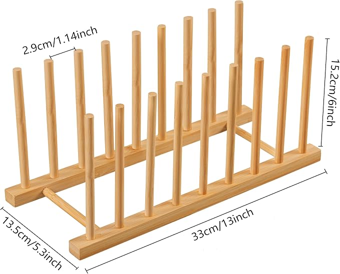 HBlife 2 Packs Heighten and Widen Bamboo Dish Drying Rack Plate Organizer | Plate Bowl Cup Book Pot Lid Cutting Board Stand, Drainer Storage Holder Organizer, For Kitchen Cabinet, 8 Slots