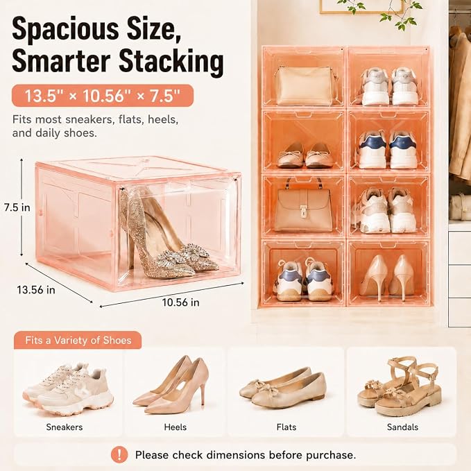 Translucent Pink Shoe Storage Box, 2026 2nd Gen Thickened Hard Plastic Stackable Organizer with Magnetic Door, Folding Shoe Rack for Closet, Decorative Sneaker Display Case, 1 Pack