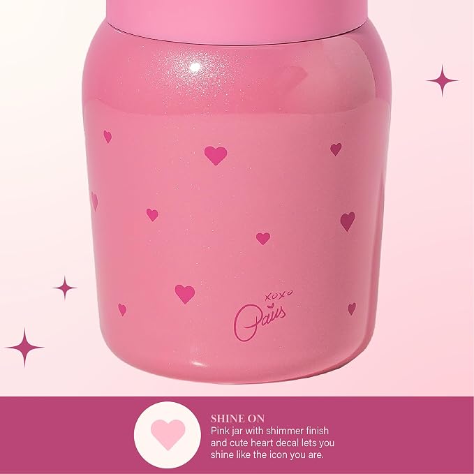 Paris Hilton Stainless Steel Food Jar, Double Wall Vacuum Sealed Insulated Food Storage Container with Carry Handle Lid, 24-Ounce, Pink with Heart Design