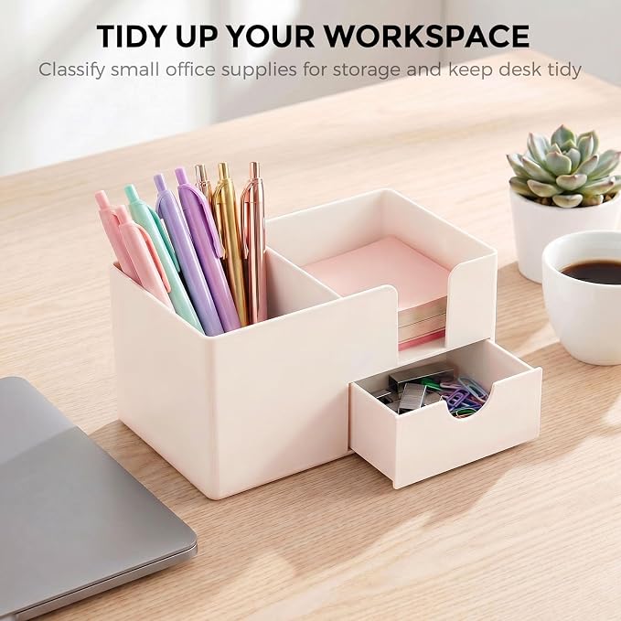 SKYDUE Small Desk Organizer with Drawer | 3 Compartments, Pen Holder for Desk, For Home, School, Office & College Dorm Room