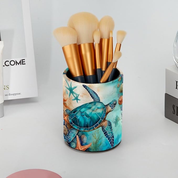 Ocean Turtles and Starfish Pen Holder Pencil Organizer for Desk, 3.1”x 3.1”x3.9” Pencil Cup Office Supplies, Large Capacity Cute Pen and Makeup Brush Holder for School, Desktop