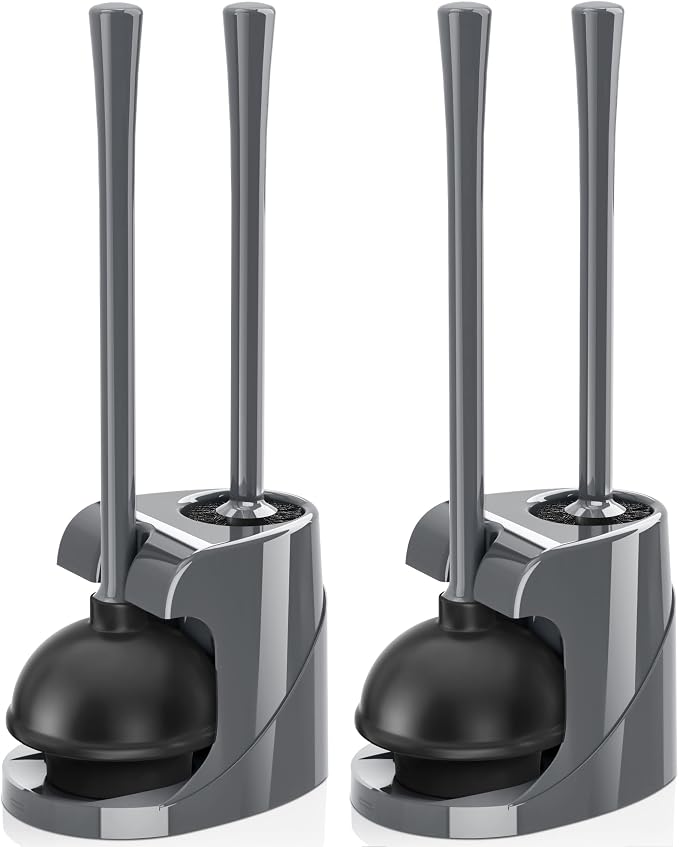 Toilet Plunger and Brush, Bowl Brush and Heavy Duty Toilet Plunger Set with Ventilated Holder, 2-in-1 Bathroom Cleaning Combo with Modern Caddy Stand for 5.7-inch Toilet Drain(Grey, 2 Set)