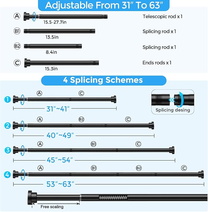 Shower Curtain Rod 31-63 Inch,7/8"Diameter Adjustable Spring Tension Curtain Rods No Drill,Matte Black Shower Tension Rod for Bathroom,Room Divider,Window,Anti-Rust Non-Slip 2-Pack