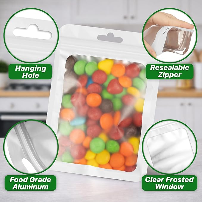 ANZNKU 100 PCS Multicolor Resealable Mylar Bags with Frosted Clear Window Packaging Bags Foil Pouch Zipper Bag for Food Self Sealing Jewelry Candy Storage Supplies (4.13x5.91)