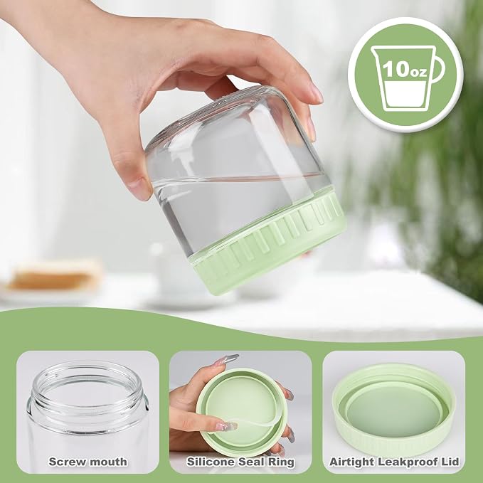 SHOWIN Overnight Oats Containers with Lids, 10oz Glass Jars with Lids 2 pcs, Light Green, Wide Mouth Mason jars for Salad, Yogurt, Snacks, Meal Prep