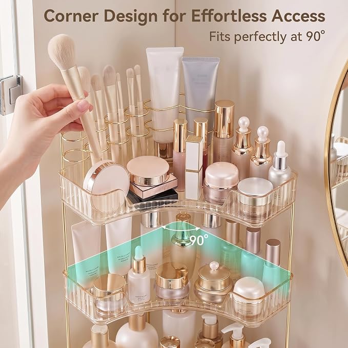 3-Tier Corner Bathroom Counter Organizer with Makeup Brush Holder, Gold | Large Makeup Organizers for Vanity, Corner Bathroom Countertop Organizer for Cosmetic Perfume Skincare Storage