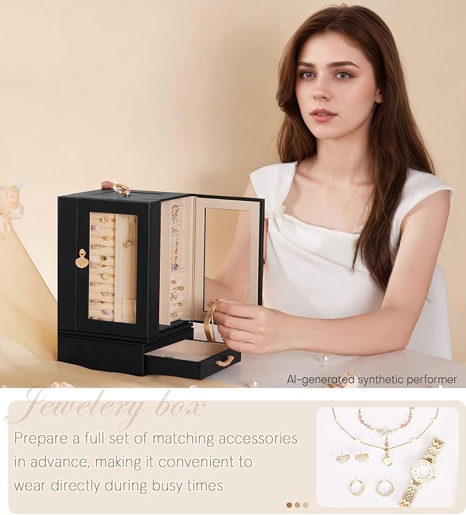 Enthralite Luxury Jewelry Box for Women: 360° Rotating with Clear Window | Compact Jewelry Storage with Drawer - Necklace Ring Organizer with Compartments - Elegant Earring Holder Display Great Gift